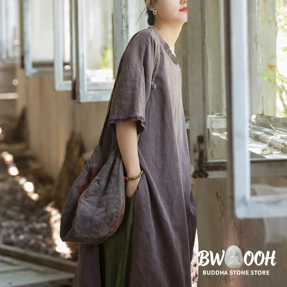 Buddha Stones Mid Length Dress Ramie Linen Half Sleeve Split Hem Top T-Shirt - Dress&amp;T-Shirt