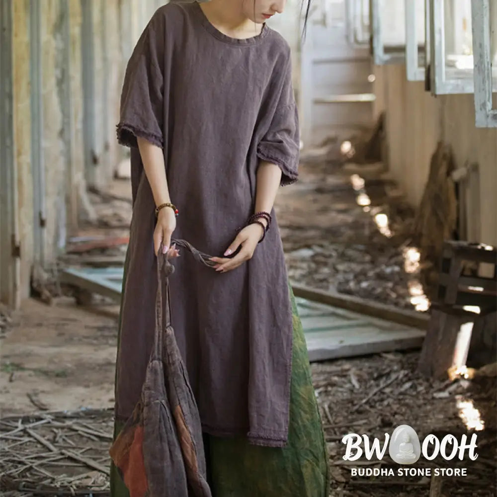 Buddha Stones Mid Length Dress Ramie Linen Half Sleeve Split Hem Top T-Shirt - Dress&amp;T-Shirt
