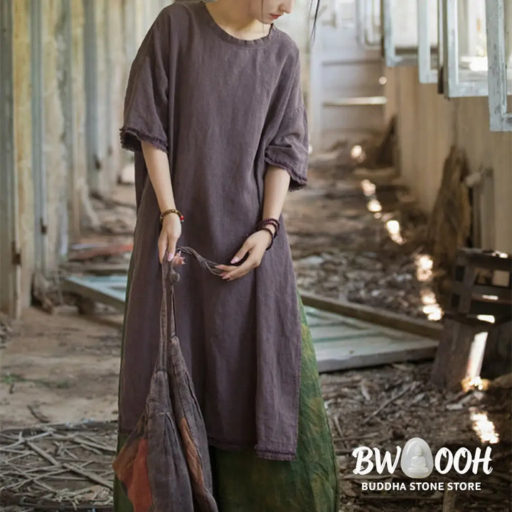 Buddha Stones Mid Length Dress Ramie Linen Half Sleeve Split Hem Top T-Shirt - Dress&amp;T-Shirt