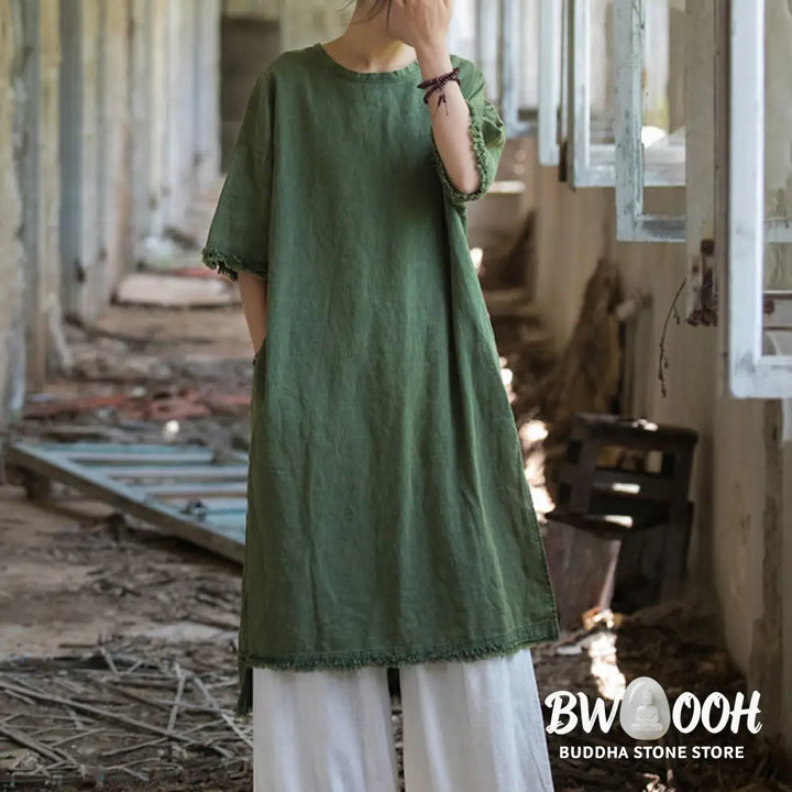 Buddha Stones Mid Length Dress Ramie Linen Half Sleeve Split Hem Top T-Shirt - Dress&amp;T-Shirt