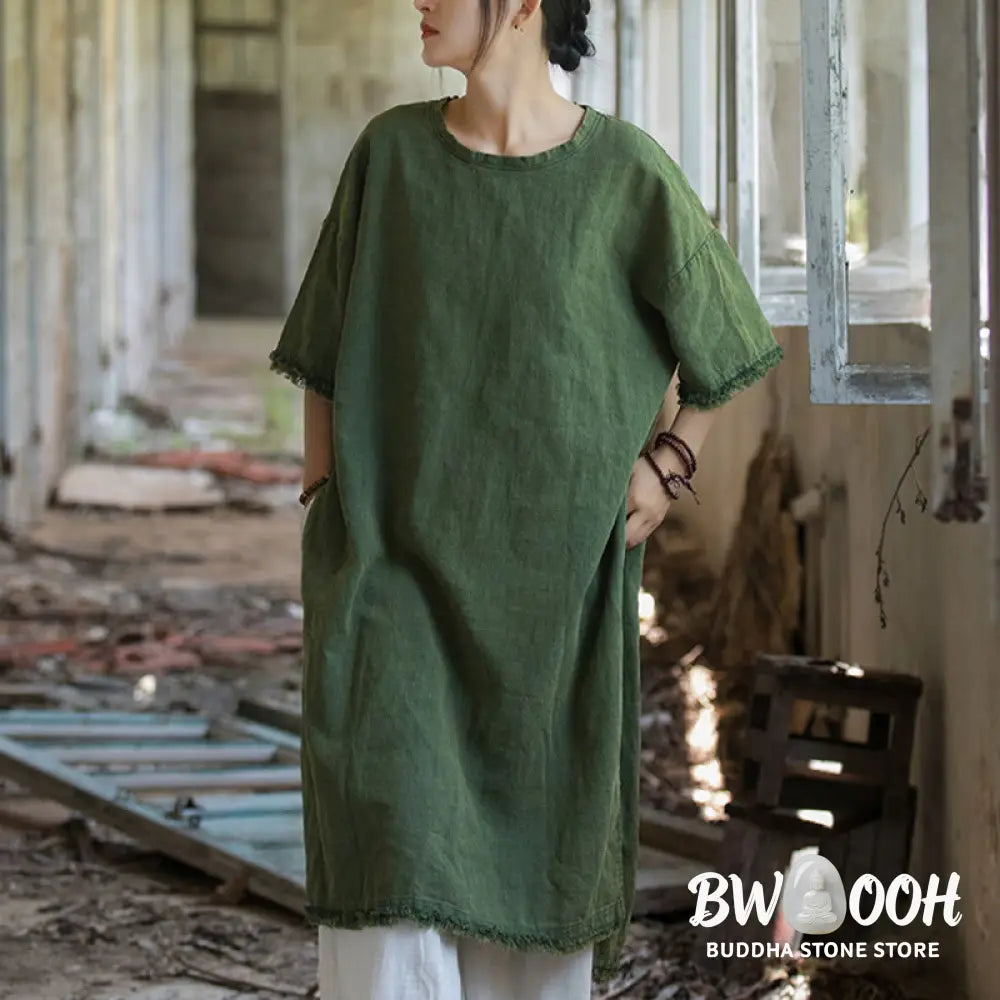 Buddha Stones Mid Length Dress Ramie Linen Half Sleeve Split Hem Top T-Shirt - Dress&T-Shirt