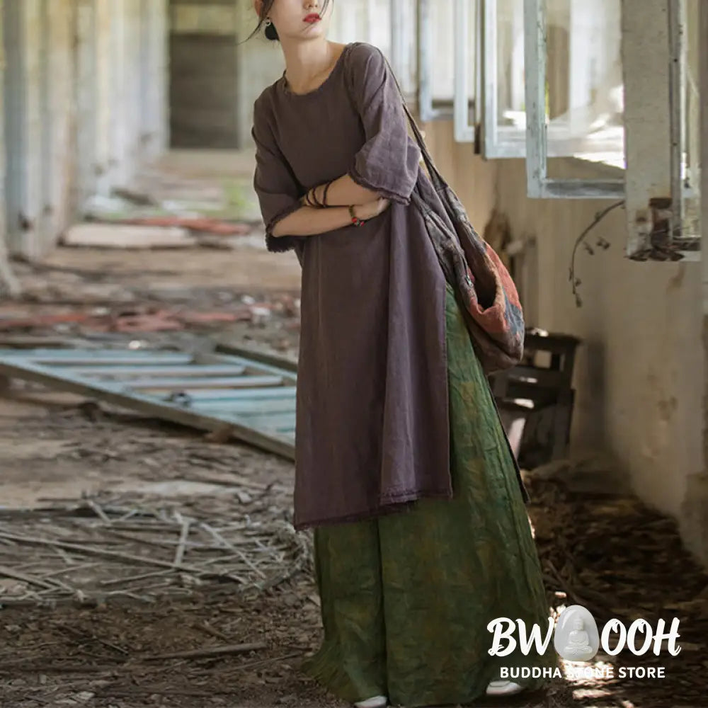 Buddha Stones Mid Length Dress Ramie Linen Half Sleeve Split Hem Top T-Shirt - Dress&amp;T-Shirt