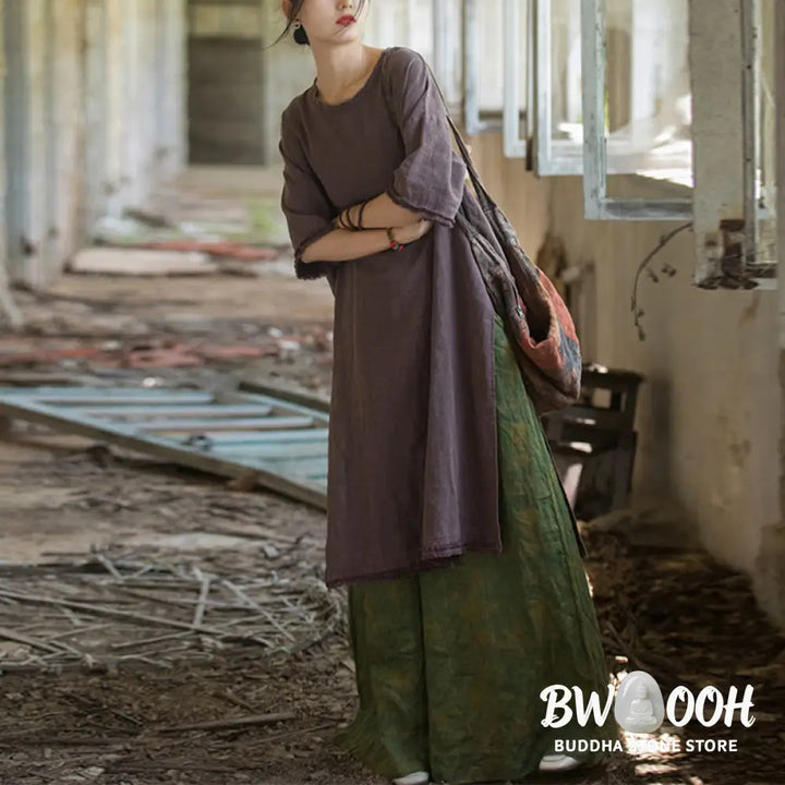 Buddha Stones Mid Length Dress Ramie Linen Half Sleeve Split Hem Top T-Shirt - Dress&amp;T-Shirt
