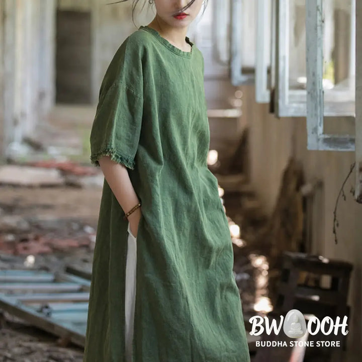 Buddha Stones Mid Length Dress Ramie Linen Half Sleeve Split Hem Top T-Shirt - Dress&amp;T-Shirt