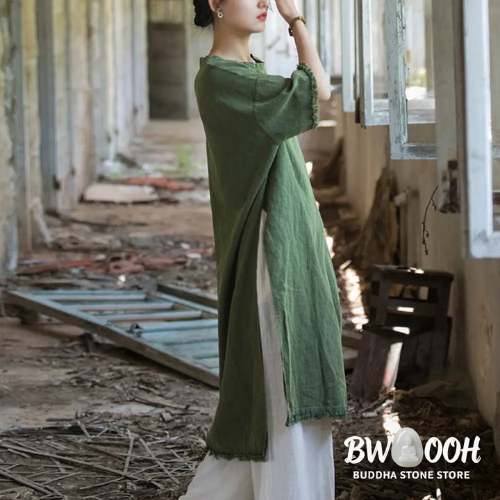 Buddha Stones Mid Length Dress Ramie Linen Half Sleeve Split Hem Top T-Shirt - Dress&amp;T-Shirt