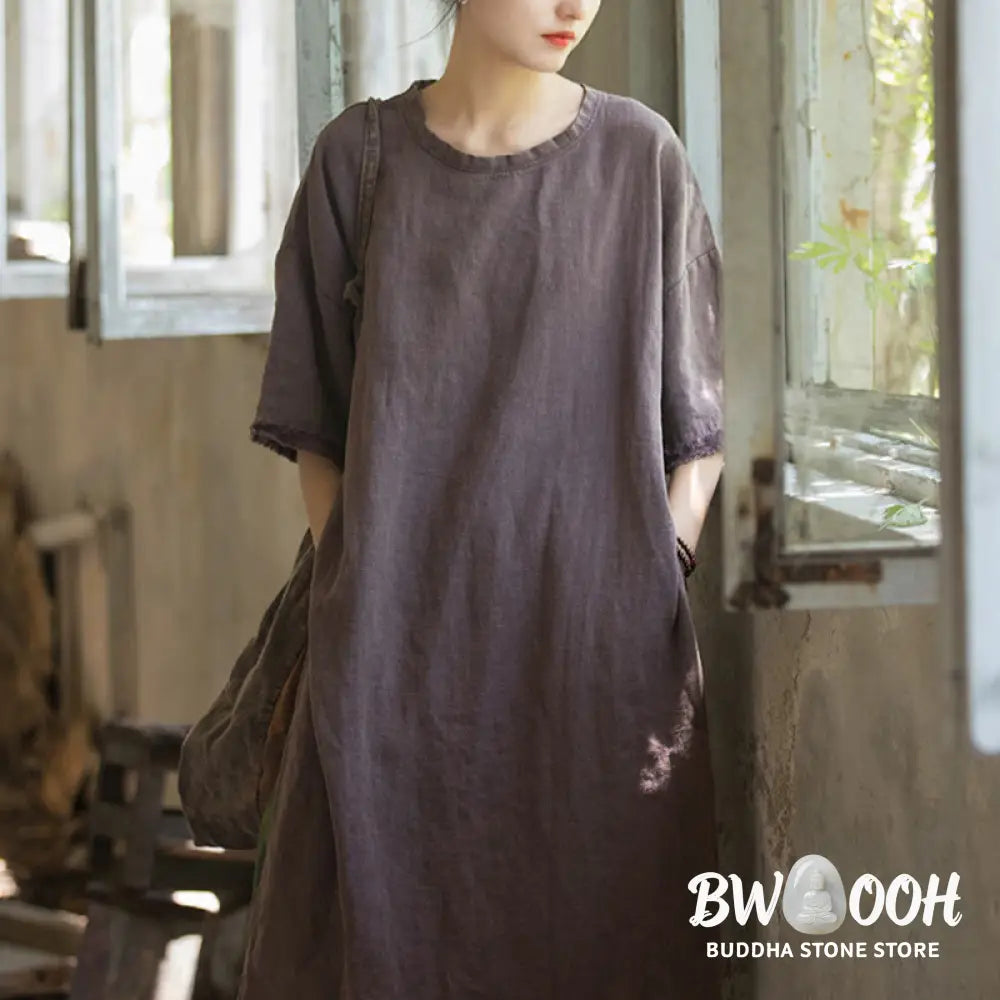 Buddha Stones Mid Length Dress Ramie Linen Half Sleeve Split Hem Top T-Shirt - Dress&amp;T-Shirt