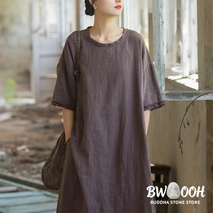 Buddha Stones Mid Length Dress Ramie Linen Half Sleeve Split Hem Top T-Shirt - Dress&amp;T-Shirt