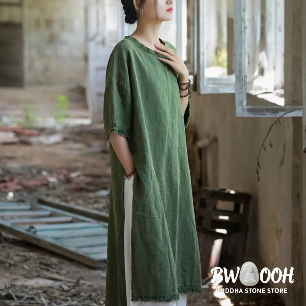 Buddha Stones Mid Length Dress Ramie Linen Half Sleeve Split Hem Top T-Shirt - Dress&amp;T-Shirt
