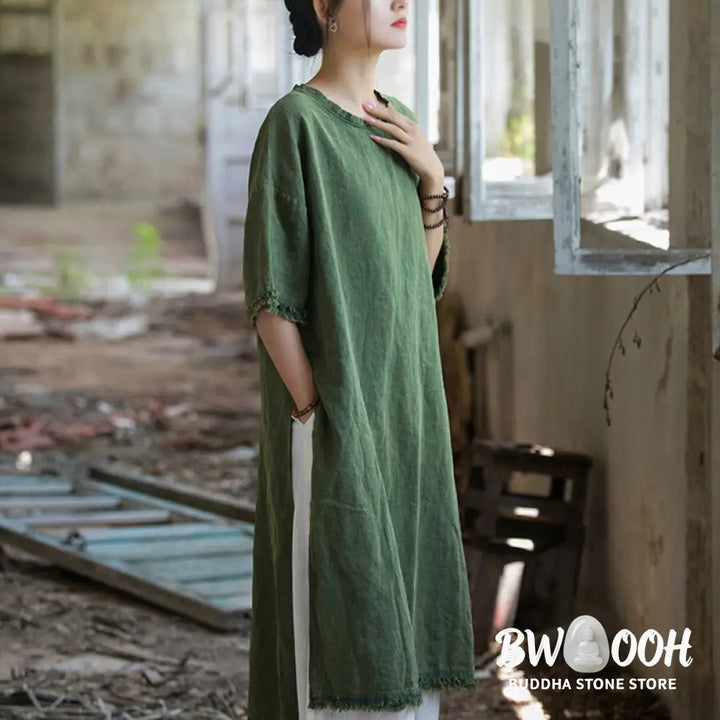 Buddha Stones Mid Length Dress Ramie Linen Half Sleeve Split Hem Top T-Shirt - Dress&amp;T-Shirt