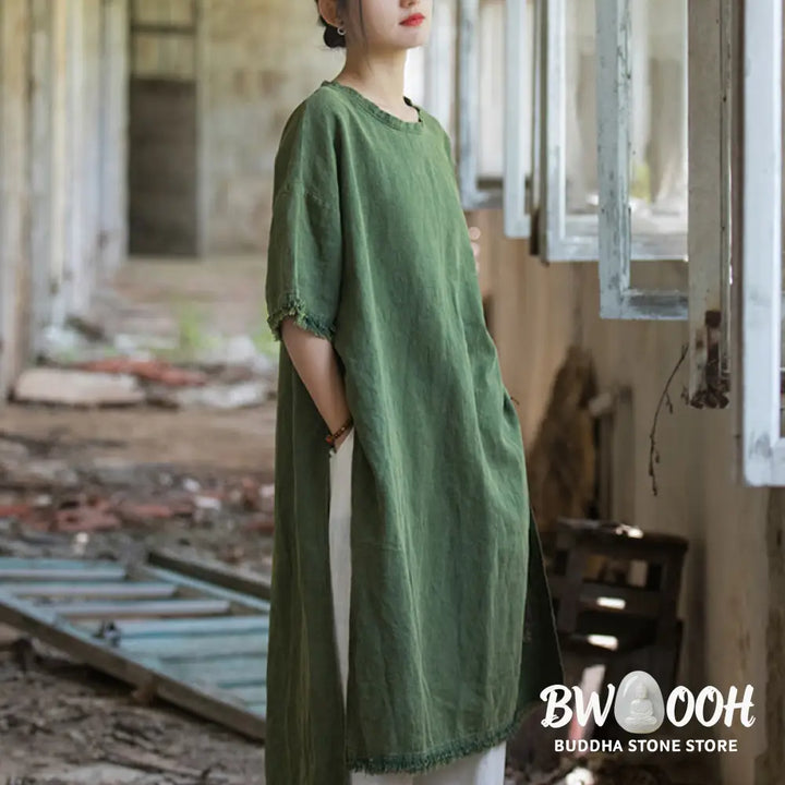 Buddha Stones Mid Length Dress Ramie Linen Half Sleeve Split Hem Top T-Shirt - Dress&amp;T-Shirt