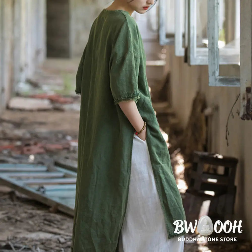 Buddha Stones Mid Length Dress Ramie Linen Half Sleeve Split Hem Top T-Shirt - Dress&amp;T-Shirt