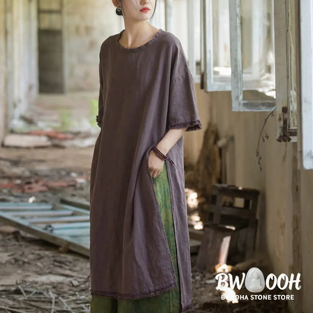 Buddha Stones Mid Length Dress Ramie Linen Half Sleeve Split Hem Top T-Shirt - Dress&amp;T-Shirt
