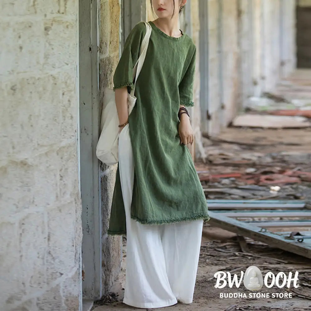 Buddha Stones Mid Length Dress Ramie Linen Half Sleeve Split Hem Top T-Shirt - Dress&amp;T-Shirt
