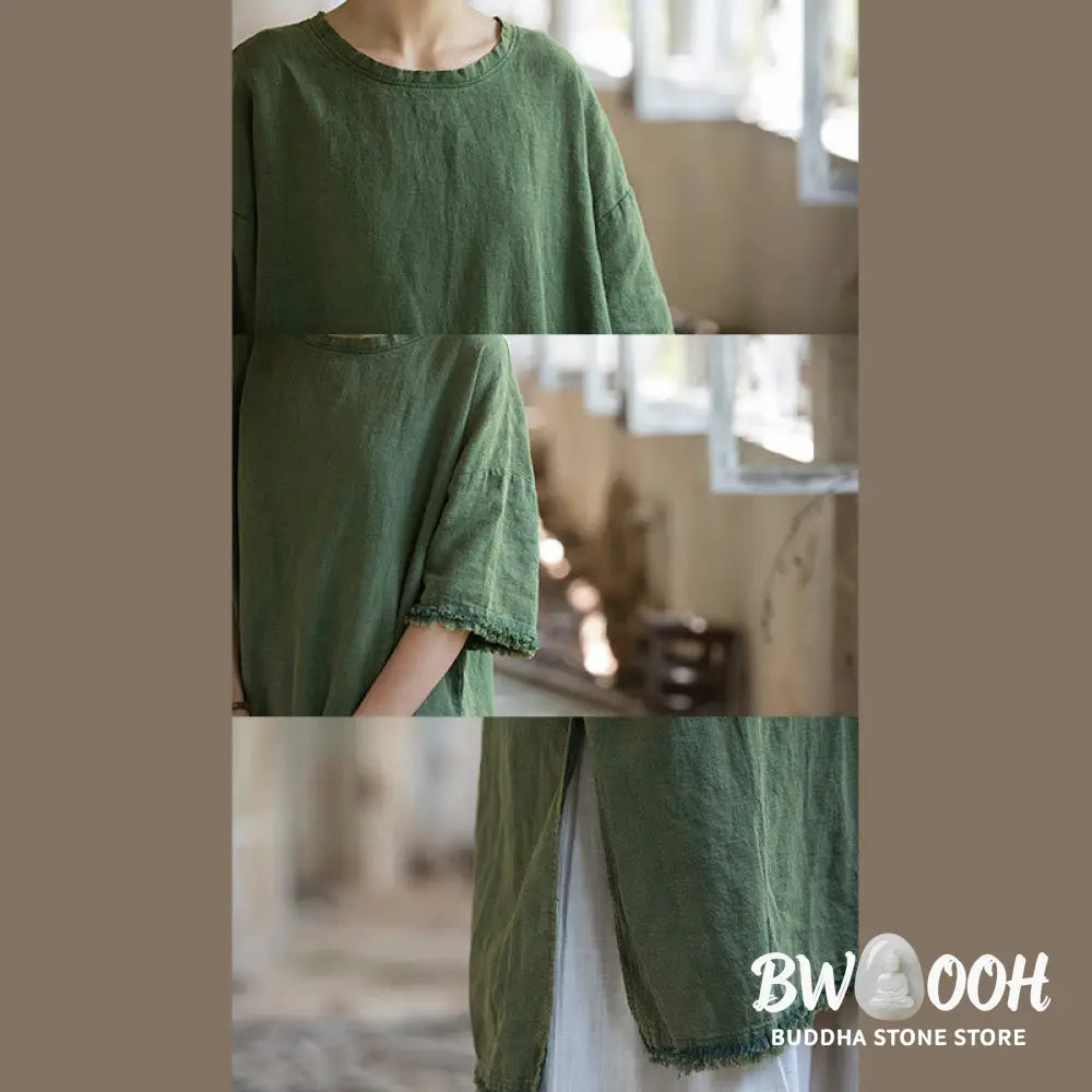 Buddha Stones Mid Length Dress Ramie Linen Half Sleeve Split Hem Top T-Shirt - Dress&amp;T-Shirt