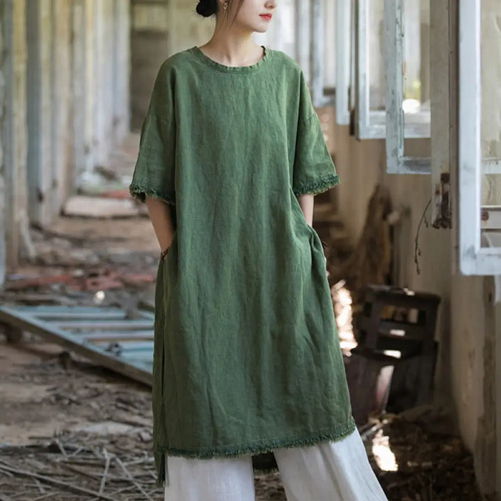 BWOOOH printed yoga pants - Mid Length Dress Ramie Linen Half Sleeve