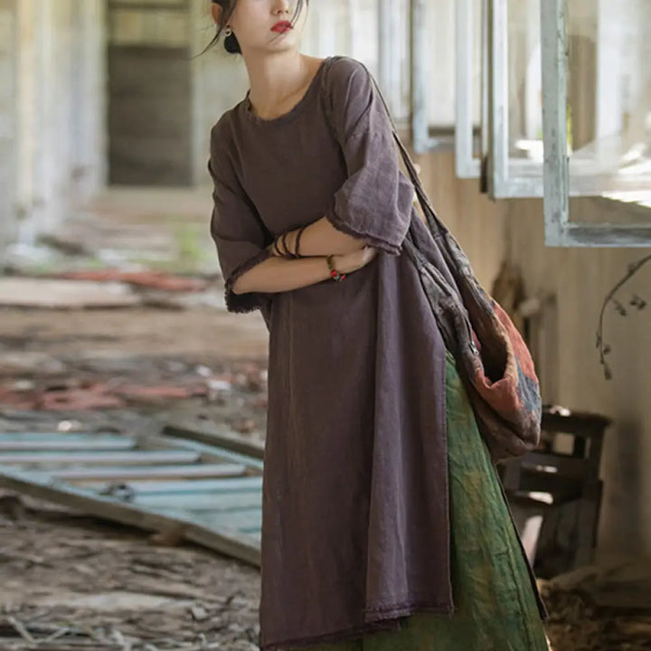 Buddha Stones Mid Length Dress Ramie Linen Half Sleeve Split Hem Top T-Shirt - Purple(Bust 124cm/Shoulder 60cm/Length