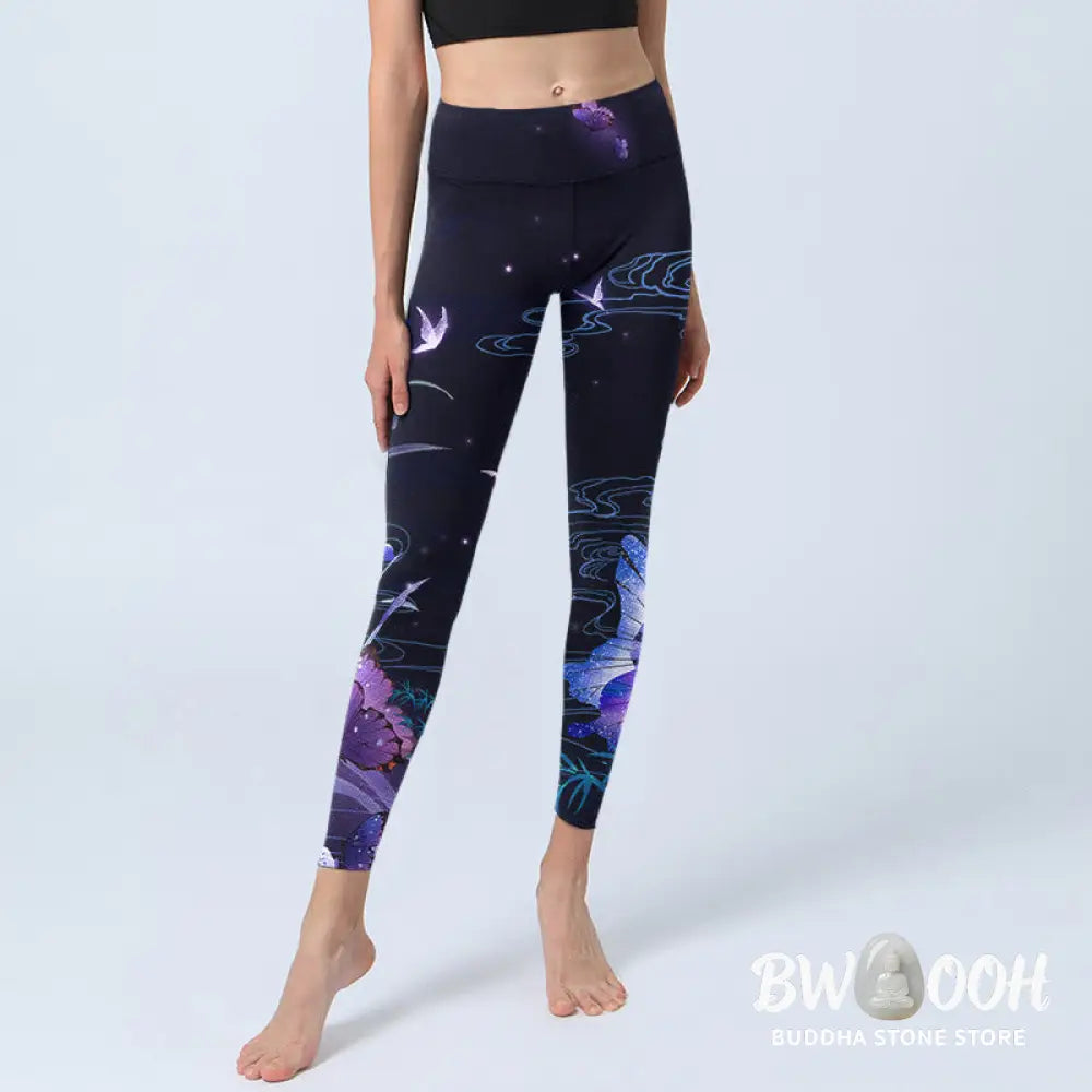 BWOOOH printed yoga leggings - Midnight Blue Flower Purple Butterfly Ex