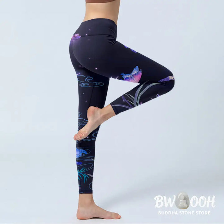 BWOOOH printed yoga leggings - Midnight Blue Flower Purple Butterfly Ex