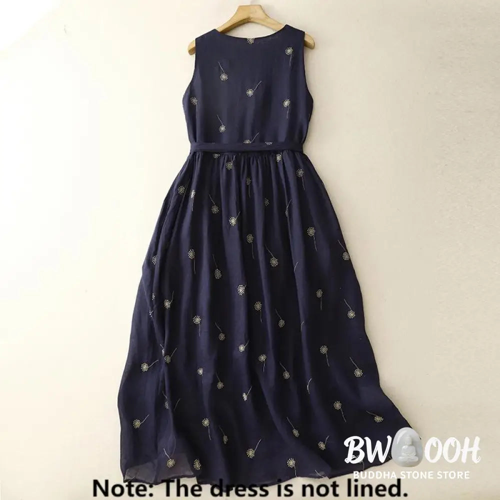 Buddha Stones MidnightBlue Printing Lace-Up Design Sleeveless Cotton Midi Dress With Pockets - Midi Dress