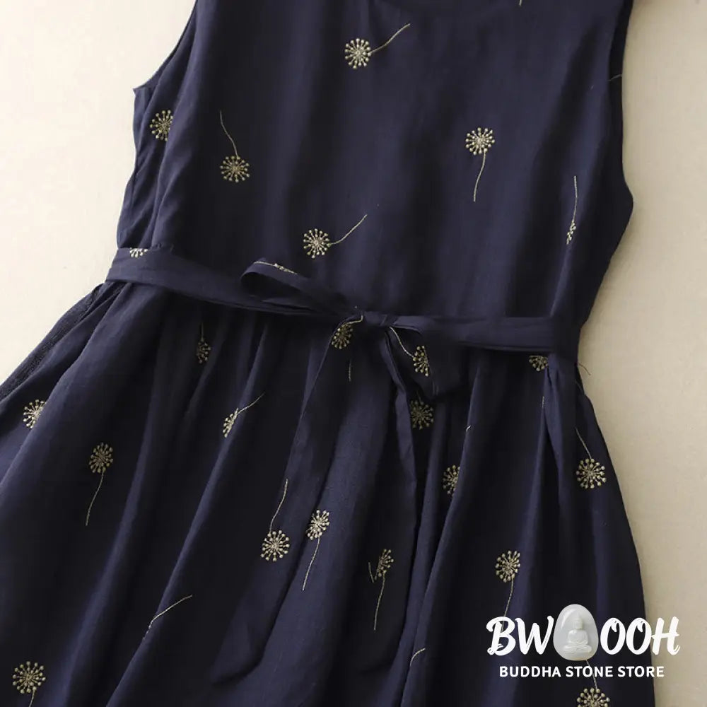 Buddha Stones MidnightBlue Printing Lace-Up Design Sleeveless Cotton Midi Dress With Pockets - Midi Dress