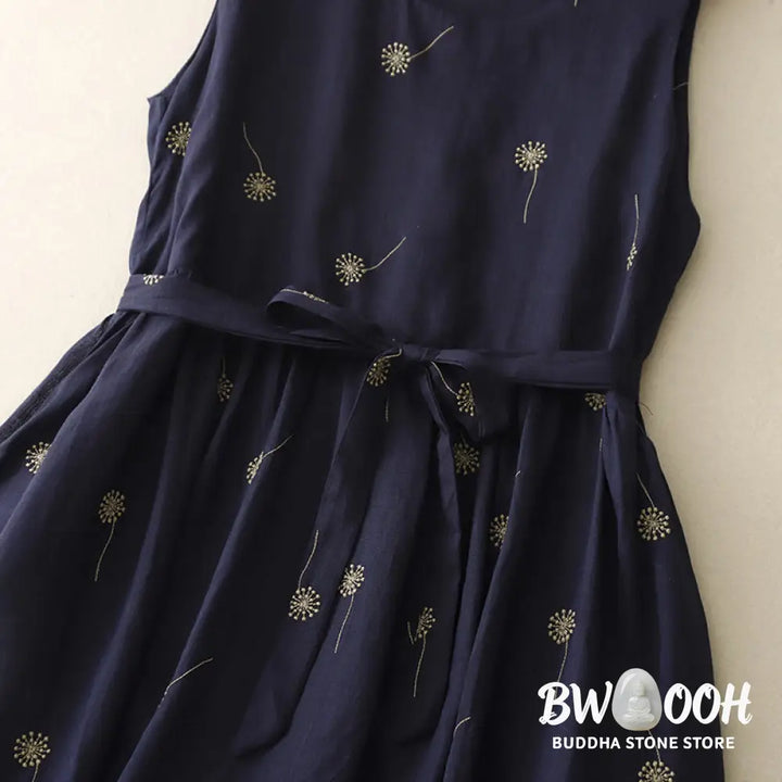Buddha Stones MidnightBlue Printing Lace-Up Design Sleeveless Cotton Midi Dress With Pockets - Midi Dress