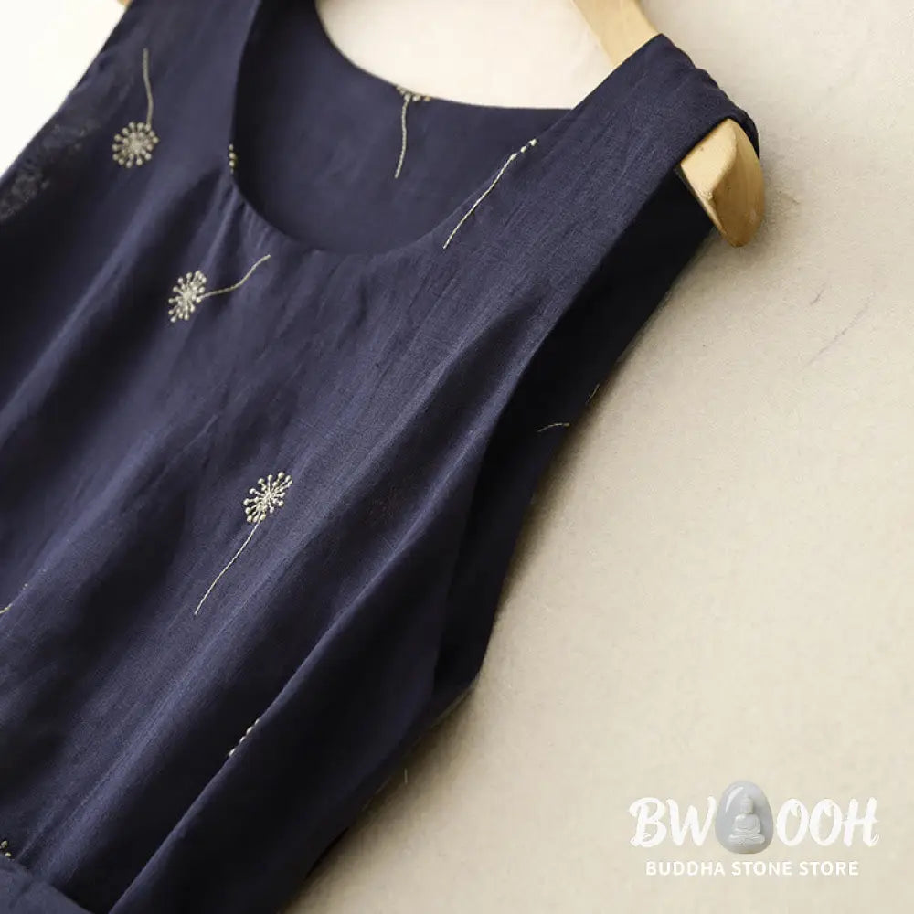 Buddha Stones MidnightBlue Printing Lace-Up Design Sleeveless Cotton Midi Dress With Pockets - Midi Dress