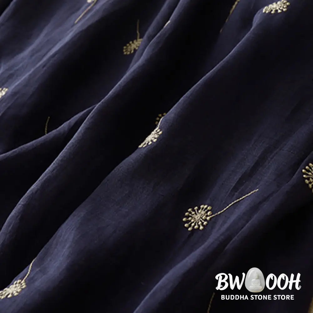 Buddha Stones MidnightBlue Printing Lace-Up Design Sleeveless Cotton Midi Dress With Pockets - Midi Dress
