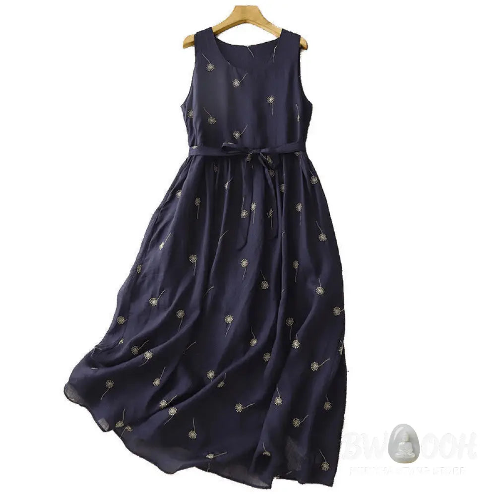 Buddha Stones MidnightBlue Printing Lace-Up Design Sleeveless Cotton Midi Dress With Pockets - Midi Dress