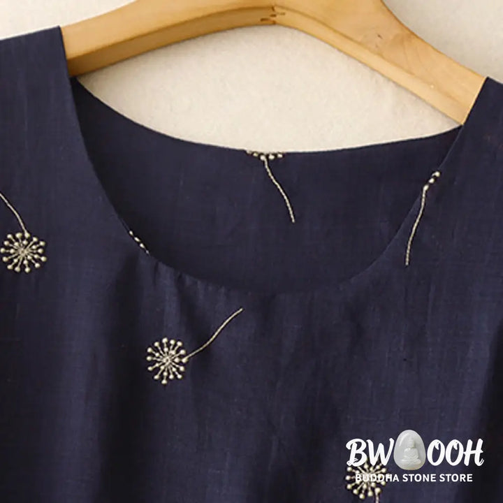 Buddha Stones MidnightBlue Printing Lace-Up Design Sleeveless Cotton Midi Dress With Pockets - Midi Dress