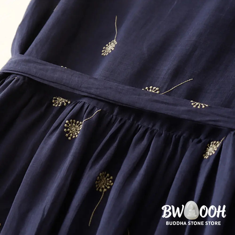 Buddha Stones MidnightBlue Printing Lace-Up Design Sleeveless Cotton Midi Dress With Pockets - Midi Dress