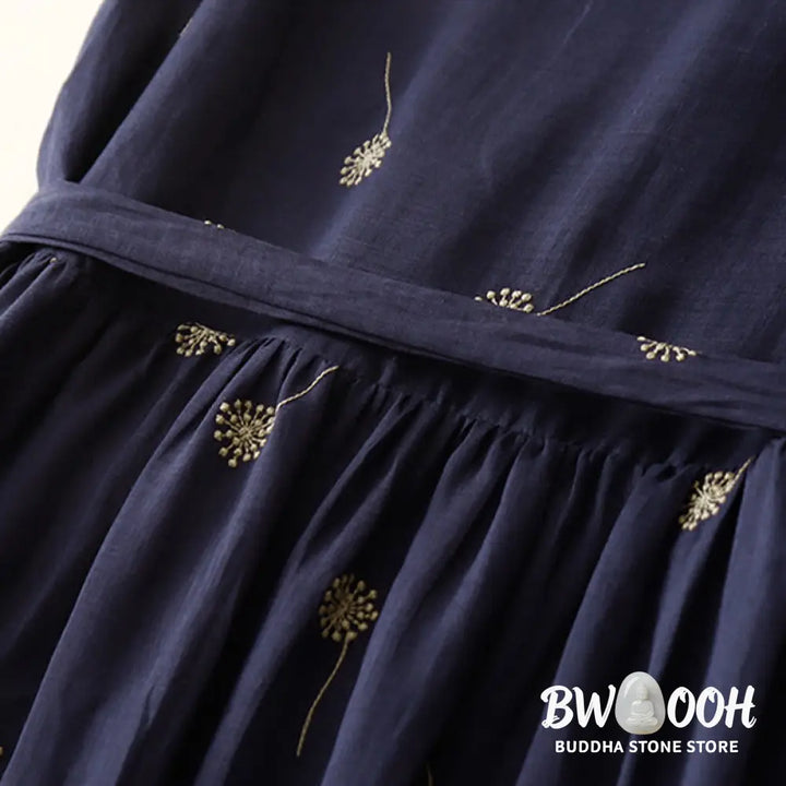 Buddha Stones MidnightBlue Printing Lace-Up Design Sleeveless Cotton Midi Dress With Pockets - Midi Dress