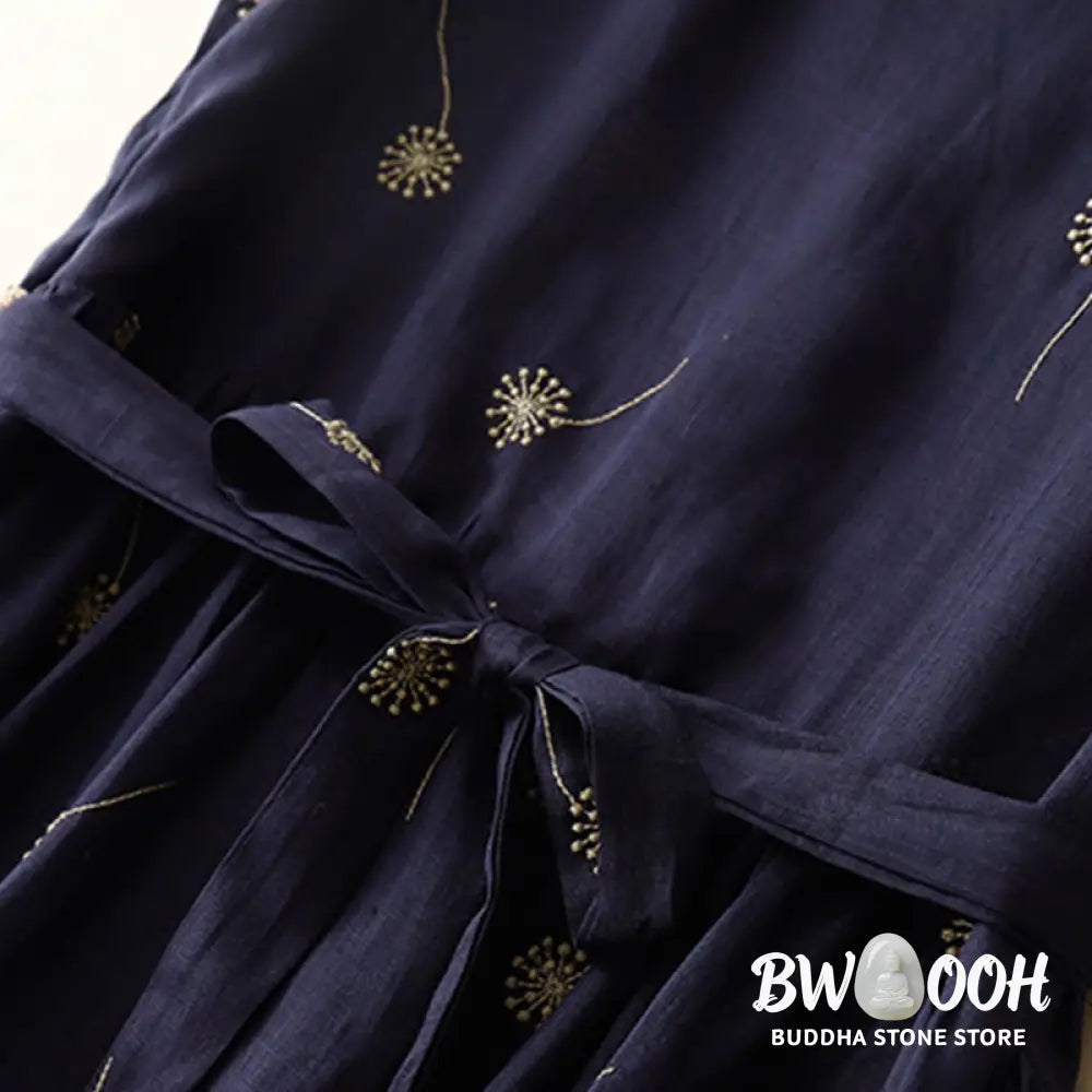 Buddha Stones MidnightBlue Printing Lace-Up Design Sleeveless Cotton Midi Dress With Pockets - Midi Dress