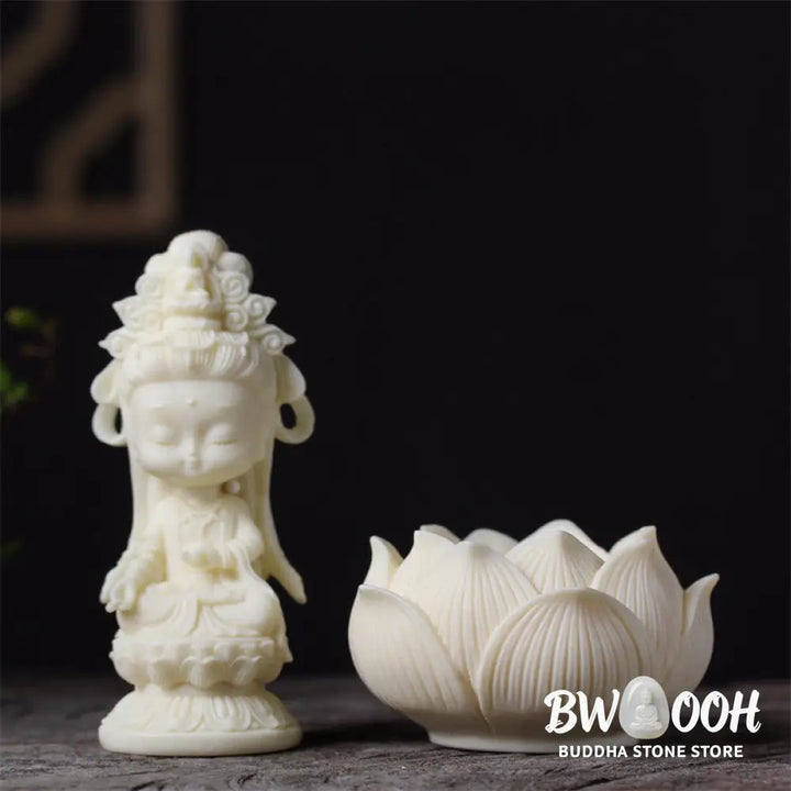 BWOOOH Mini Ivory Fruit Kwan Yin Avalokitesvara Lotus Wealth Desk Decoration - Small Avalokitesvara