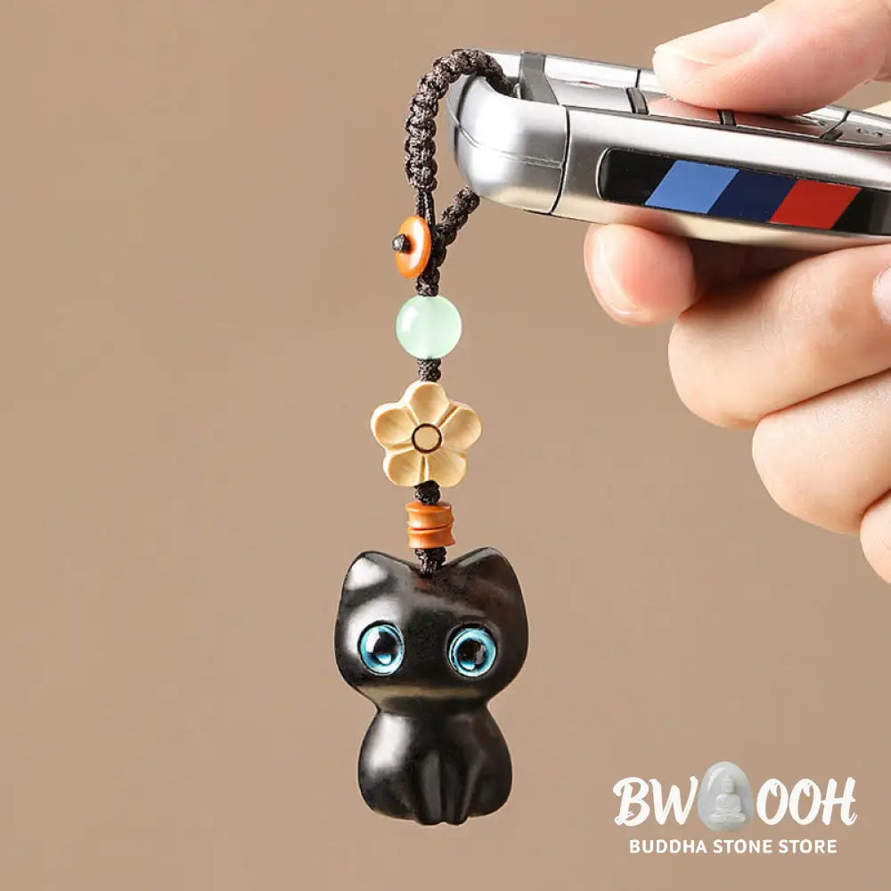 Buddha Stones Mini Small Leaf Red Sandalwood Ebony Wood Lucky Cat Lovely Kitty Peace Key Chain Phone Hanging Decoration