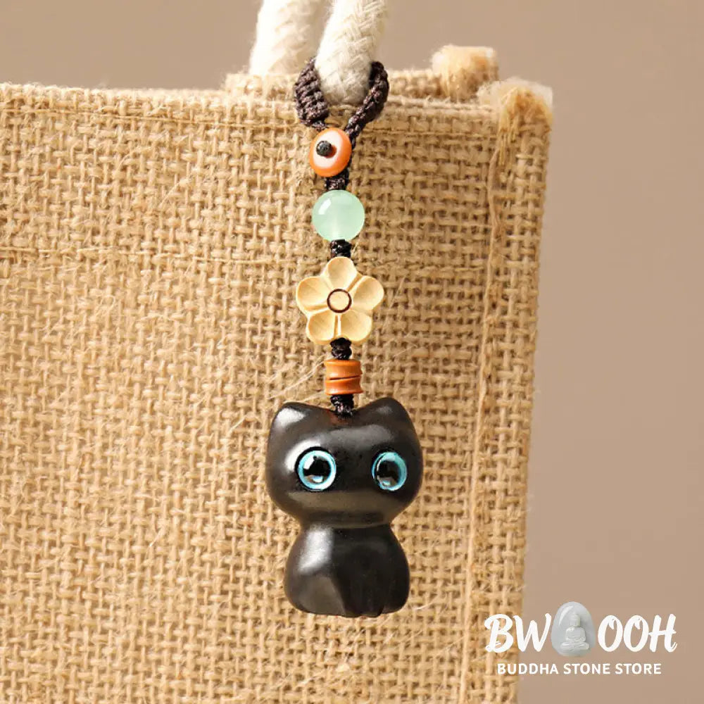 Buddha Stones Mini Small Leaf Red Sandalwood Ebony Wood Lucky Cat Lovely Kitty Peace Key Chain Phone Hanging Decoration