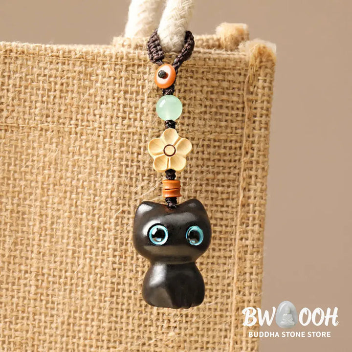 Buddha Stones Mini Small Leaf Red Sandalwood Ebony Wood Lucky Cat Lovely Kitty Peace Key Chain Phone Hanging Decoration