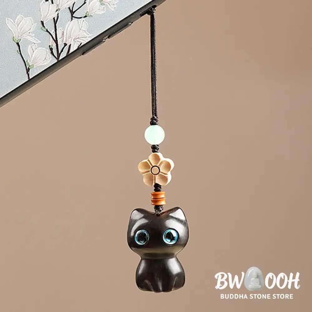 Buddha Stones Mini Small Leaf Red Sandalwood Ebony Wood Lucky Cat Lovely Kitty Peace Key Chain Phone Hanging Decoration