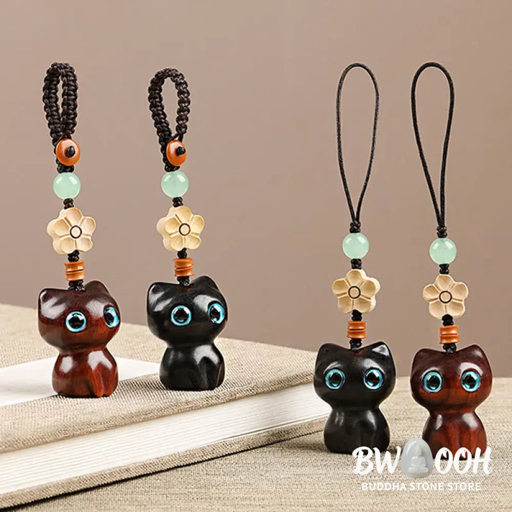 Buddha Stones Mini Small Leaf Red Sandalwood Ebony Wood Lucky Cat Lovely Kitty Peace Key Chain Phone Hanging Decoration