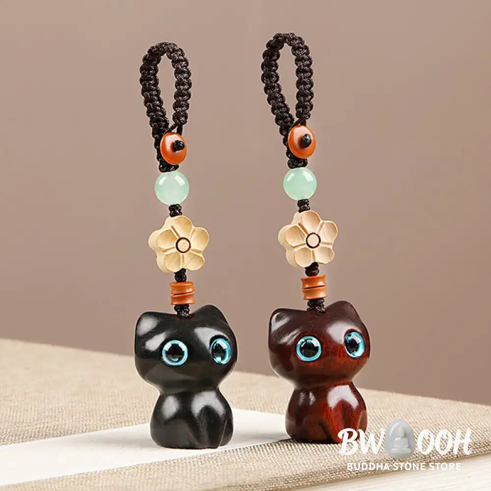 Buddha Stones Mini Small Leaf Red Sandalwood Ebony Wood Lucky Cat Lovely Kitty Peace Key Chain Phone Hanging Decoration