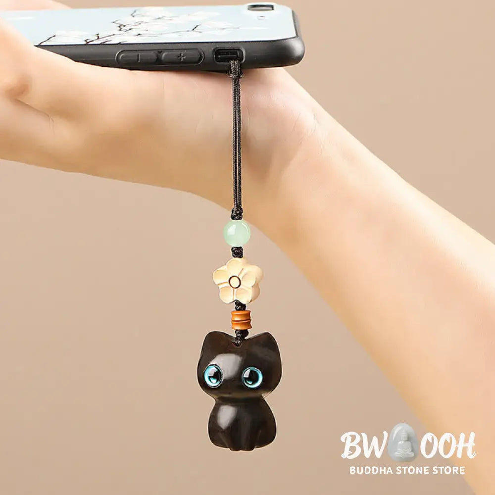 Buddha Stones Mini Small Leaf Red Sandalwood Ebony Wood Lucky Cat Lovely Kitty Peace Key Chain Phone Hanging Decoration
