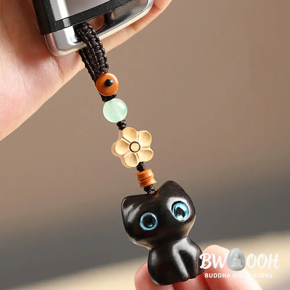 Buddha Stones Mini Small Leaf Red Sandalwood Ebony Wood Lucky Cat Lovely Kitty Peace Key Chain Phone Hanging Decoration