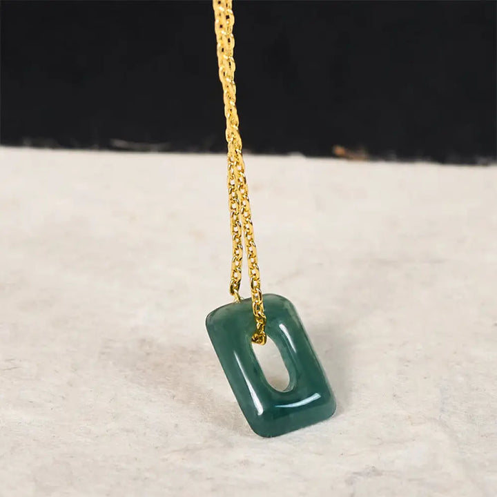 Buddha Stones Mini Square Green Jade Abundance Necklace Pendant - Mini Square-Natural Jade (Color May Vary) / Golden