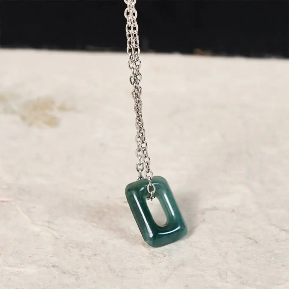 Buddha Stones Mini Square Green Jade Abundance Necklace Pendant - Mini Square-Natural Jade (Color May Vary) / Silver