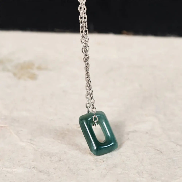 Buddha Stones Mini Square Green Jade Abundance Necklace Pendant - Mini Square-Natural Jade (Color May Vary) / Silver