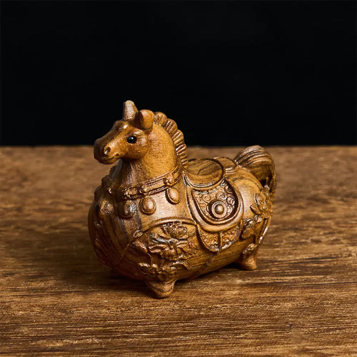 Buddha Stones Mini Year of the Horse Lotus Ebony Linden Wood Green Sandalwood Decoration 5.5*5*3.2cm - Ebony About