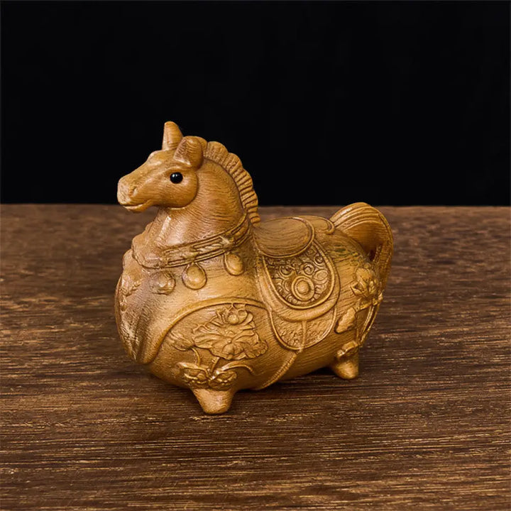 Buddha Stones Mini Year of the Horse Lotus Ebony Linden Wood Green Sandalwood Decoration 5.5*5*3.2cm - Green Sandalwood