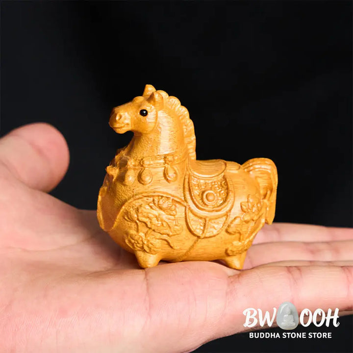 Buddha Stones Mini Year of the Horse Lotus Ebony Linden Wood Green Sandalwood Decoration 5.5*5*3.2cm - Decorations