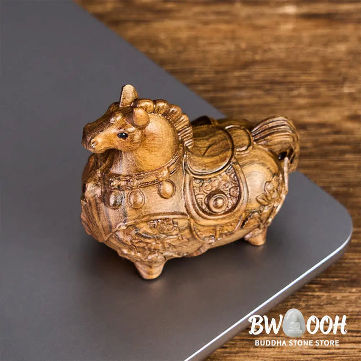 Buddha Stones Mini Year of the Horse Lotus Ebony Linden Wood Green Sandalwood Decoration 5.5*5*3.2cm - Decorations