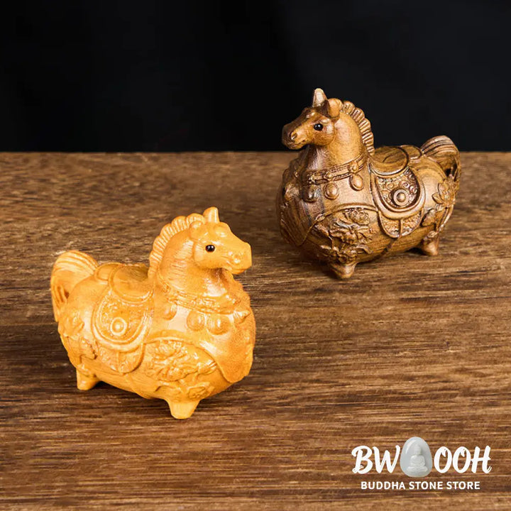 Buddha Stones Mini Year of the Horse Lotus Ebony Linden Wood Green Sandalwood Decoration 5.5*5*3.2cm - Decorations