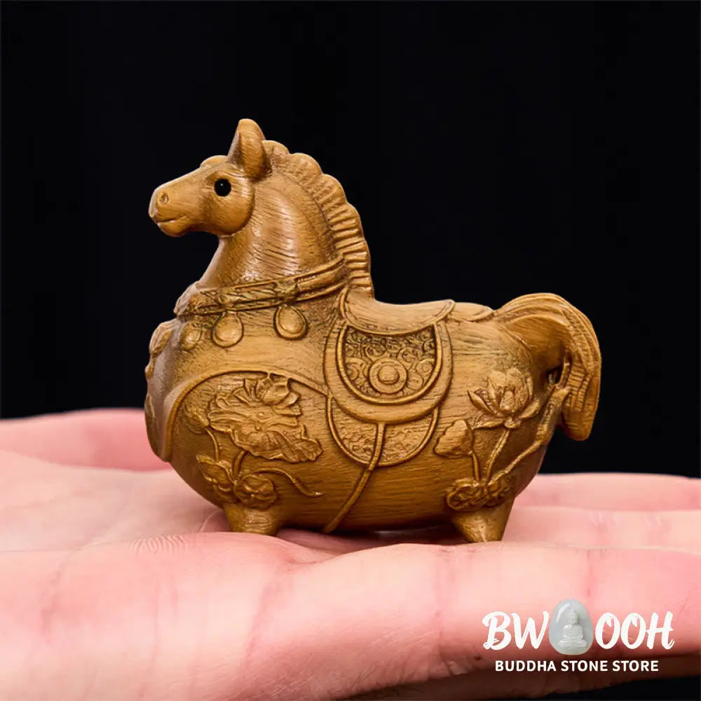 Buddha Stones Mini Year of the Horse Lotus Ebony Linden Wood Green Sandalwood Decoration 5.5*5*3.2cm - Decorations